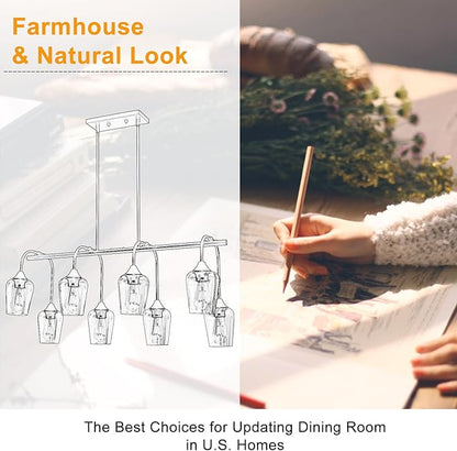 Dining Room Light Fixture/Chandelier Over Table (38inch, 8-Light), Brushed Gold Kitchen Island Lighting with Clear Glass Shade, Modern Hanging Pendant Lights Fixture for Kitchen Island, Dining Room