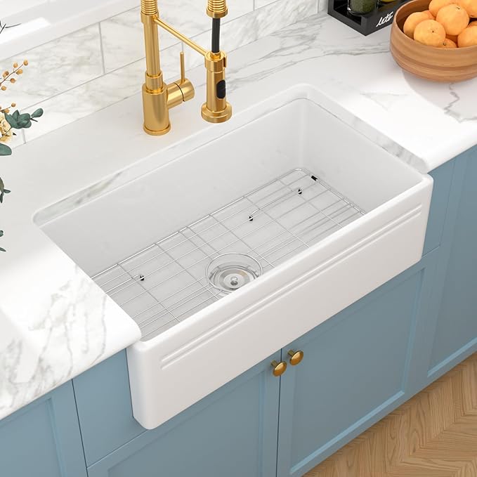 Sarlai 30 Farmhouse Sink White - 30 x 18 Inch Kitchen Sink Apron Front Reversible White Ceramic Porcelain Fireclay Single Bowl Farm Sinks Basin