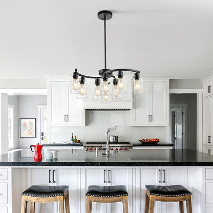 Sigaitwei 9-Light Modern Farmhouse Chandelier，29.5" Black Dining Room Light Fixture，Industrial Pendant Lights Kitchen Island,Metal Bracket with Downward Clear Glass Shade