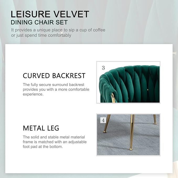 Nrizc Woven Dining Chairs Set of 2, Velvet Upholstered Dining Chairs with Gold Metal Legs, Modern Accent Chairs for Living Room, Dining Room, Kitchen (Green)