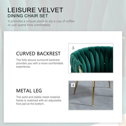 Nrizc Woven Dining Chairs Set of 2, Velvet Upholstered Dining Chairs with Gold Metal Legs, Modern Accent Chairs for Living Room, Dining Room, Kitchen (Green)