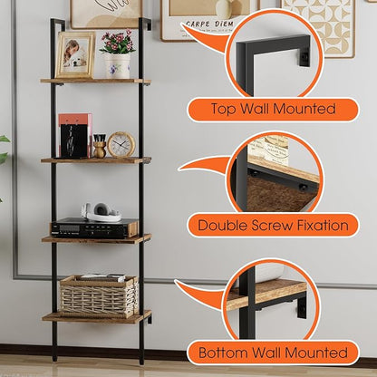 Wolawu Ladder Shelf 4 Tiers Metal Industrial Bookshelf,Brown Wood Tall Open Storage Rack and Display Shelves,Wall Mount Wide Book Case for Home Office Bedroom,Small