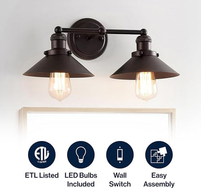 JONATHAN Y 17.5" Oil Rubbed Bronze 2-Light Industrial Farmhouse Metal Vanity Light Wall Sconce, Metal Shade for Bathroom Mirror, Kitchen, Entryway, LED Bulb Included (JYL7427A)