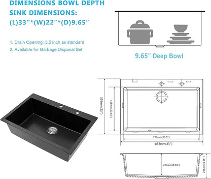 Kichae 33 Granite Composite Kitchen Sink - 33"x22" Grainte Kitchen Sink Drop In Topmount Quartz Sink Black Deep Single Bowl Basin