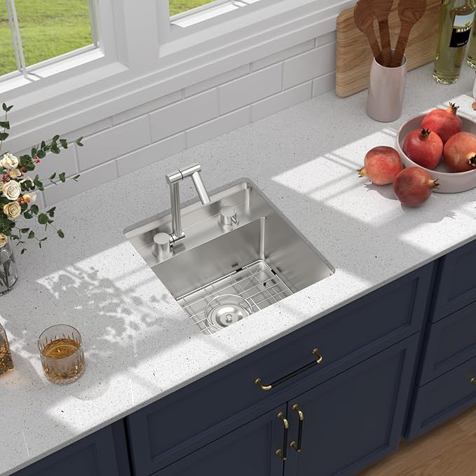 16 Inch Outdoor Kitchen Sink With Faucet and Cover - Beslend 16x17x9 Undermount Kitchen Bar Sink Workstation 16 Gauge Stainless Steel Single Bowl Small Sinks Under Counter Indoor Outdoor