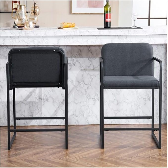 Bar Stools Counter Height Set of 2, Upholstered with Armrests - Dark Gray Kitchen Island Chairs, Metal Frame Dining Stools for Home Bar, Restaurant, Pub