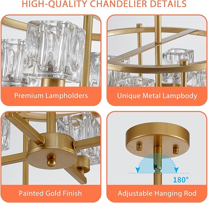 Modern Gold Chandeliers for Dining Room Over Table, Farmhouse Pendant Lighting Fixtures Drum Chandelier 4-Light Round Ceiling Lights