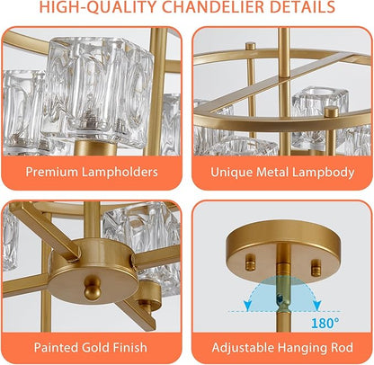Modern Gold Chandeliers for Dining Room Over Table, Farmhouse Pendant Lighting Fixtures Drum Chandelier 4-Light Round Ceiling Lights