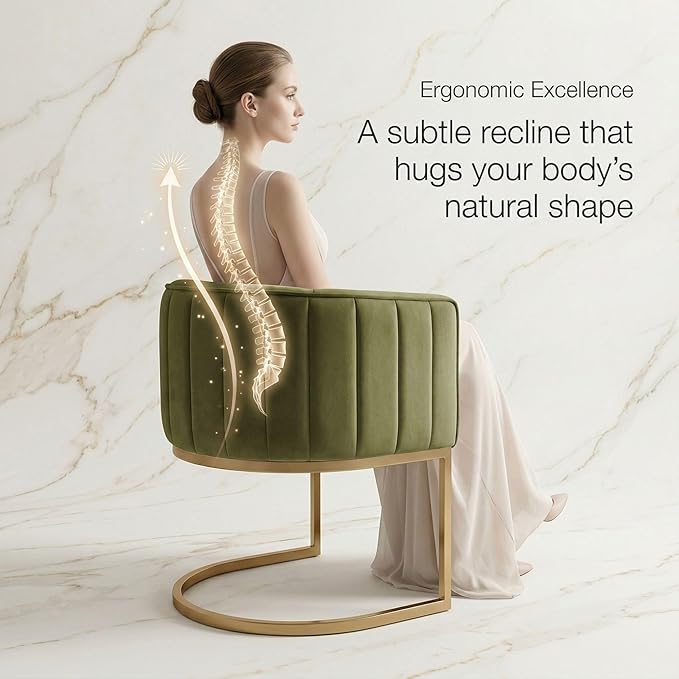 Hyfirm Olive Green and Gold Modern Barrel Dining Chairs Set of 2, Velvet Upholstered Accent Chairs with Curved Back for Kitchen Island, Luxury Comfort Seating Cantilever Metal Frame