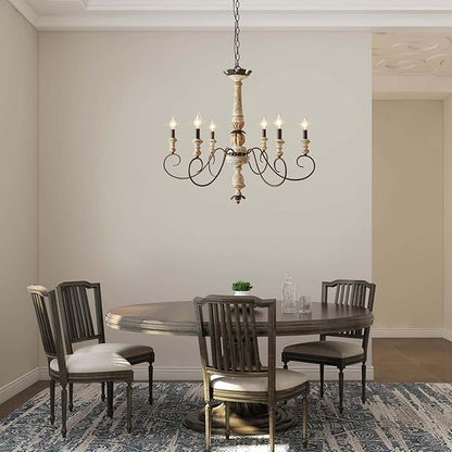 LALUZ Farmhouse Chandelier, French Country Lighting for Dining Room, 6-Light Shabby Chic Chandelier, Cloud Arms in Rusty Metal Finish, Distressed Wood, 31.1" L