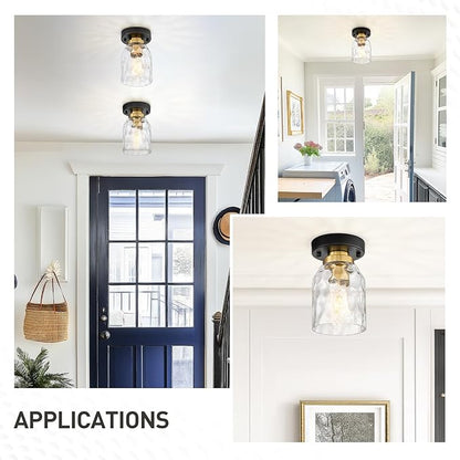 zeyu Industrial Semi Flush Mount Ceiling Light, Round Hallway Lighting Fixtures Ceiling for Kitchen Entryway, Water Ripple Glass Shade, Black and Gold Finish, ZG33F BK+BG-WG