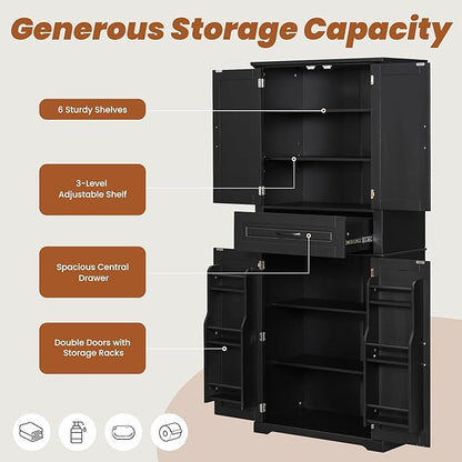 Merax 72" Tall Kitchen Pantry Storage Cabinet, Farmhouse Freestanding Large Cupboard with One Drawer, Bathroom Cabinet with Adjustable Shelves, 6 Door-Shelf for Dining Room, Black