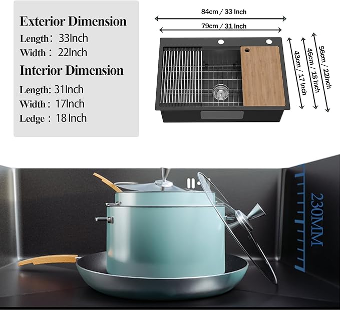 Black Kitchen Sink Workstation, 33x22 Inch Stainless Steel Drop In Kitchen Sink Modern Large Single Bowl Kitchen Sink Gift Combo-SS Grid,Drying Rack,Cutting Board,Soap Dispenser, Drain Strainer Set