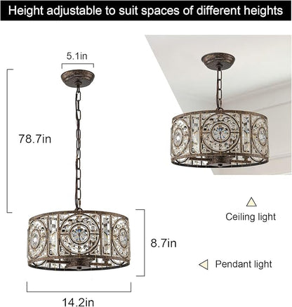 Bronze Vintage Crystal Chandeliers for Dining Room 14.17" Drum Pendant Lights, Dining Room Light Fixtures Over Table, Hanging Chandelier for High Ceiling Kitchen Island Living Room Foyer