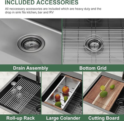 33x22 Black Drop In Kitchen Sink Workstation 16 Gauge Stainless Steel Single Bowl Drop Kitchen Sinks Nano PVD Gunmetal Black Handmade Large Deep Topmount Sinks, 33x22x9 Inch