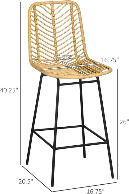 Rattan Bar Stools Set of 4, 26" Counter Height Barstools, Boho Kitchen Island Stools with Breathable Wicker Seat and Back, Yellow