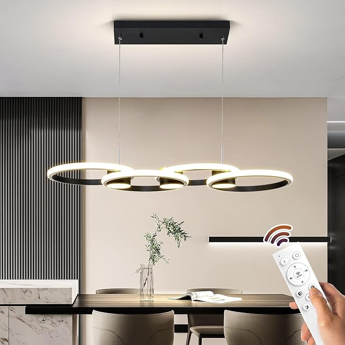 Modern LED Chandelier Light, 3000-6500K Dimmable Modern Pendant Light Fixture with Remote Control, Height-Adjustable Island Light Ceiling Hanging for Dining Room Kitchen (Black, 4Ring- 33IN)