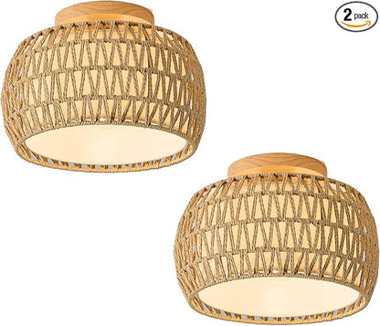 2 Packs Boho Rattan Flush Mount Ceiling Lights 12 Inch Farmhouse Ceiling Light Fixtures Rustic Wicker Hand Woven Rope Cage for Dining Room Kitchen Bedroom Foyer Hallway Entryway