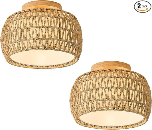 2 Packs Boho Rattan Flush Mount Ceiling Lights 12 Inch Farmhouse Ceiling Light Fixtures Rustic Wicker Hand Woven Rope Cage for Dining Room Kitchen Bedroom Foyer Hallway Entryway
