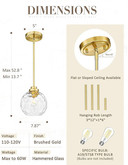 8 Inch Modern Farmhouse Pendant for Kitchen Island, Adjustable Height Hanging Fixture with Hammered Glass,Brushed Gold Finish, Dining Room Entryway - PL101HBG-L