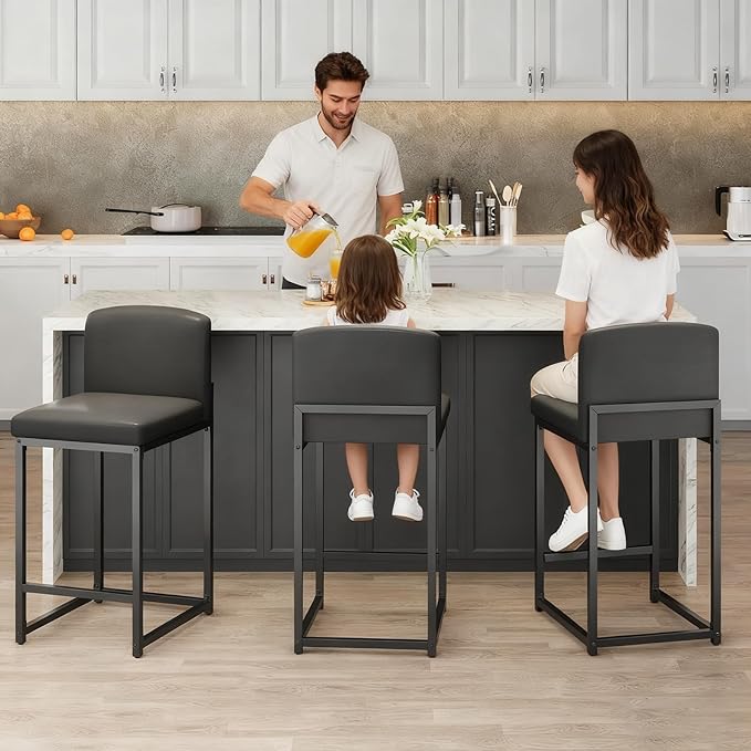 GarveeHome Bar Stools Set of 4, Modern Counter Height Bar Stools with Back and Footrest, Faux Leather Upholstered Barstools Chairs for Kitchen Island Dining Room Bar, Black