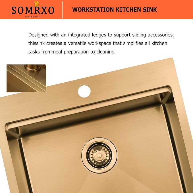 21x20 Inch Drop In Bar Sink - 16 Gauge Gold Stainless Steel Small Kitchen Sink, 10" Deep Single Bowl Workstation Sinks with Accessories for RV, Outdoor Kitchen & Wet Bar