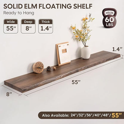 Long Live Edge Floating Shelf, 55 Inch Solid Elm Wood - Vintage Brown Rustic Wood Wall Shelf with Invisible Brackets for Living Room, Kitchen, Bathroom