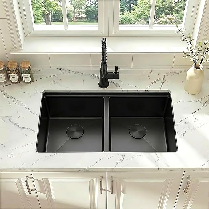32 Inch Black Sink Undermount Double Bowl, 16 Gauge 50/50 Double Bowl Stainless Steel Workstation Sink, 32"x18"x10" Large and Deep Kitchen Sink With Accessories
