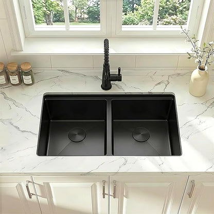 32 Inch Black Sink Undermount Double Bowl, 16 Gauge 50/50 Double Bowl Stainless Steel Workstation Sink, 32"x18"x10" Large and Deep Kitchen Sink With Accessories