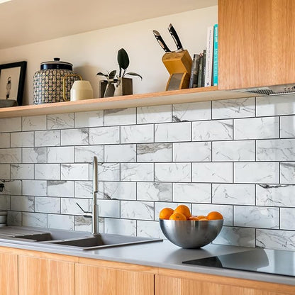STICKGOO Subway Tile Peel and Stick Backsplash, Glossy White Marble PVC Self Adhesive Tile Backsplash, Stick on Tile for Kitchen and Bathroom(10 Sheets)