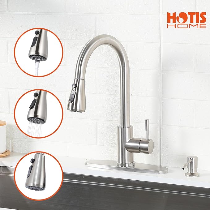 HOTIS Kitchen Faucet with Soap Dispenser, Brushed Nickel Kitchen Faucet with Pull Down Sprayer 3 Modes, High Arc Single Handle RV Bar Sink Faucets for Farmhouse RV Laundry Camper, HT-SLYT004L-S-1