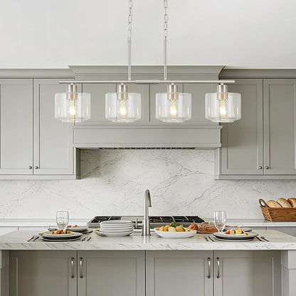 4-Light Brushed Nickel Kitchen Island Lighting, Modern Linear Dining Room Chandelier Light Fixtures with Clear Glass and Chain, Mid Century Hanging Lights for Kitchen Island, OS-YQ8153-4ISBNC