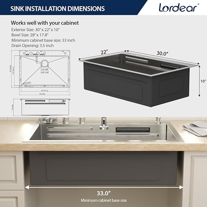 Lordear 30 Drop In Kitchen Sink with Faucet 30x22 Inch Waterfall Kitchen Sinks Topmount Stainless Steel 16 Gauge Single Bowl Workstation Kitchen Sink with Two Multifunctional Switch Knob