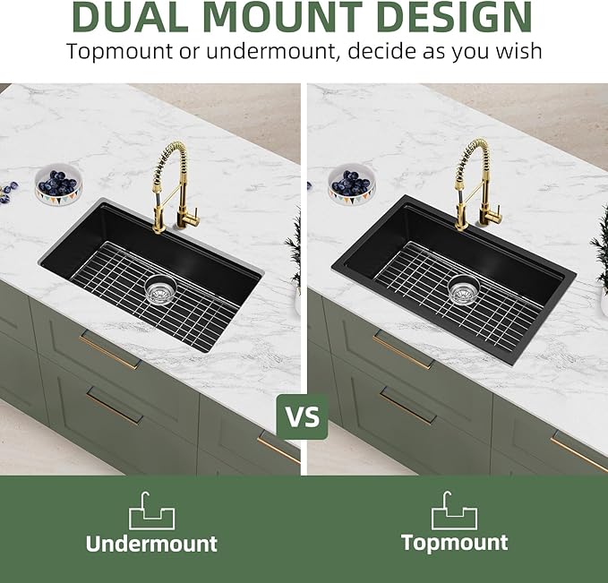 Davivy 30 Inch Black Granite Sink Workstation, 30 x 18 Black Undermount/Drop In Kitchen Sink, Deep Quartz Composite Single Bowl with Accessories