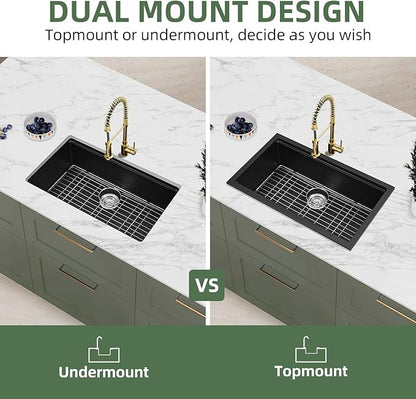 Davivy 30 Inch Black Granite Sink Workstation, 30 x 18 Black Undermount/Drop In Kitchen Sink, Deep Quartz Composite Single Bowl with Accessories