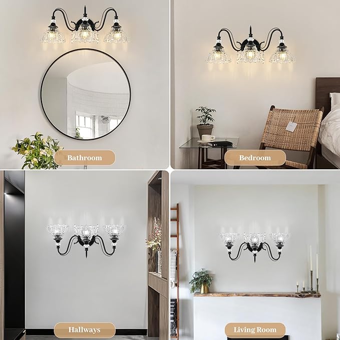 Black Bathroom Vanity Light, 3-Light Matte Black Finish Farmhouse Wall Sconce with Hanging Crystal Accents and Flower-Shaped Clear Glass Shades, Retro Wall Mount Vanity Light Over Mirror for Bathroom
