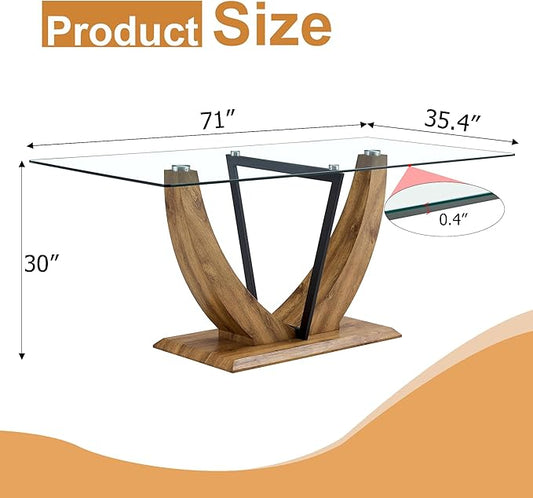 71" Glass Dining Table, Modern Kitchen Table for 6-8, Large Rectangle Dinner Table with Tempered Glass Top and Wooden Base for Dining Room, Kitchen