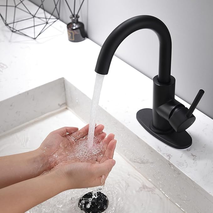 Black Bathroom Faucet | Matte Black Vanity Faucets with Pop-Up Drain, Modern Single Hole Bathroom Sink Faucets with Deck Plate Single Handle Lavatory Faucet 360° Swivel Spout Bar Sink Faucet