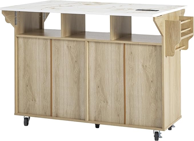 Modern Dining Table Kitchen Island with 2 Drop, Cart Power Outlet, 4 Doors Spice Rack, Rolling Table Faux Marble Top, Curved Edge Wood Console,Natural-MDF