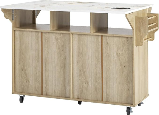 Modern Dining Table Kitchen Island with 2 Drop, Cart Power Outlet, 4 Doors Spice Rack, Rolling Table Faux Marble Top, Curved Edge Wood Console,Natural-MDF
