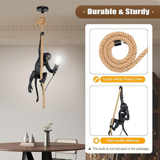 LOYALHEARTDY Vintage Resin Hemp Rope Monkey Pendant Light Fixture Monkey Chandelier Industrial Retro E26 Edison Ceiling Pendant Lamp for Dining Living Room Bedroom Bar Cafe (Black)