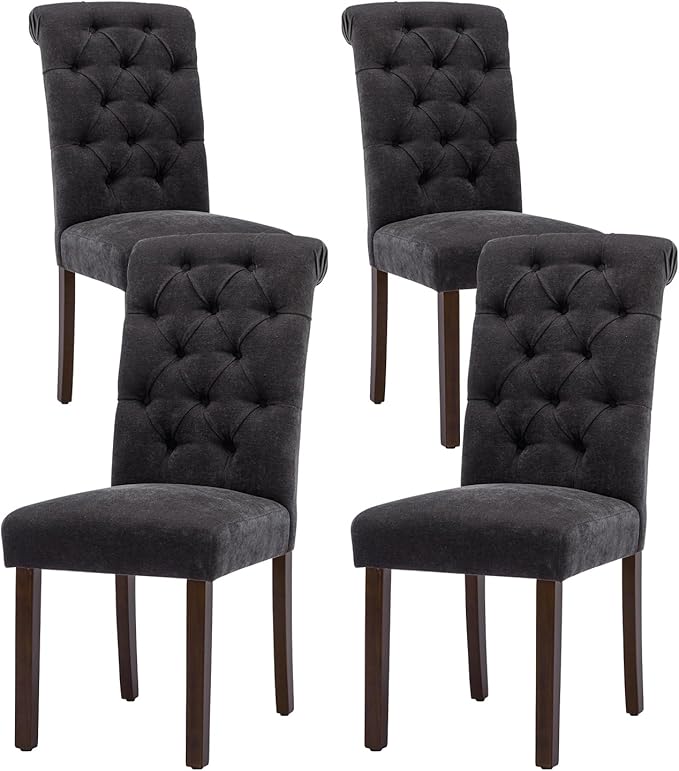 Tufted Dining Chairs Set of 4, Upholstered Parsons Dining Room Chairs, Fabric Kitchen Side Chair with Wood Legs, Black