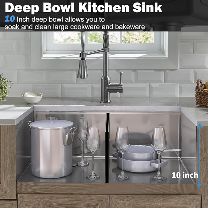 SANYCASA 33 Inch Double Bowl Kitchen Sinks with Quick Drain Slope - 11 Gauge (3mm) 304 Stainless Steel Undermount Kitchen Sink with Accessories