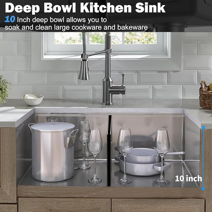 SANYCASA 33 Inch Double Bowl Kitchen Sinks with Quick Drain Slope - 11 Gauge (3mm) 304 Stainless Steel Undermount Kitchen Sink with Accessories