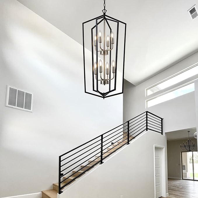 Lanhall 8-Light Lantern Tired Farmhouse Ceiling Hanging Light Black Chandelier Metal Modern Pendant Light Fixtures for Kitchen Island Dining Room Living Room Foyer Entryway-Brushed Nickel