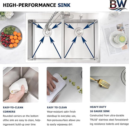 33x22 Double Bowl Drop In Kitchen Sink - 16 Gauge Stainless Steel Top Mount Drop In Sink, 50/50 Split, Durable for Home Kitchen