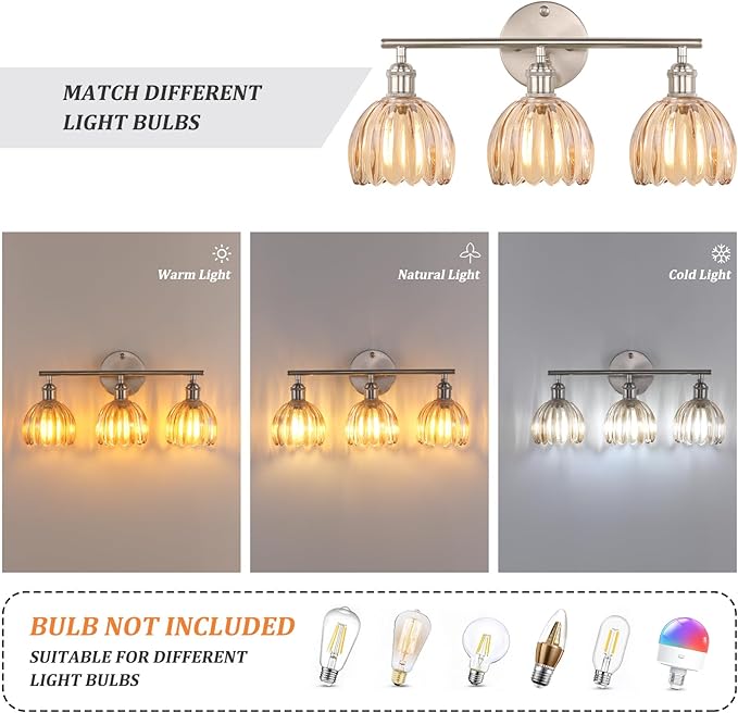 Shenmoyl Bathroom Light Fixtures, 3-Light Vanity wall Light Over Mirror with Amber Tulip Glass Shade for Bedroom Living Room (Bulb Not Included), Satin Nickel