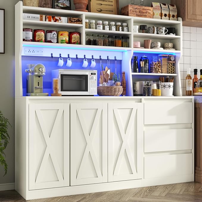 Loomie Farmhouse Sideboard Buffet Cabinet with Storage, 59" Kitchen Storage Cabinet with Power Outlet & LED Light, Coffee Bar w/Microwave Stand & Doors & Drawers & Hooks & Adjusted Shelves (White)