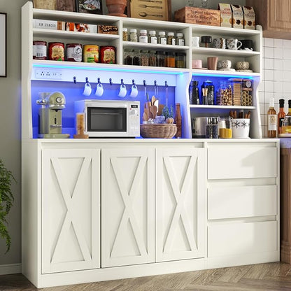Loomie Farmhouse Sideboard Buffet Cabinet with Storage, 59" Kitchen Storage Cabinet with Power Outlet & LED Light, Coffee Bar w/Microwave Stand & Doors & Drawers & Hooks & Adjusted Shelves (White)