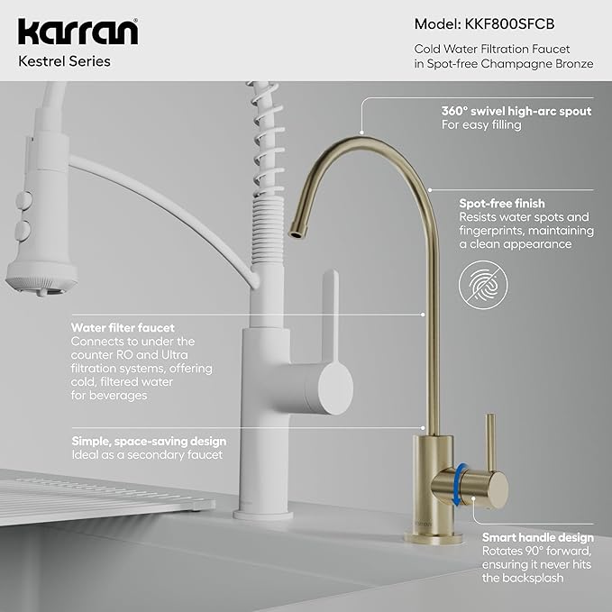 Karran Kestrel Single-Handle Filtered Water Faucet in Bronze 100% Lead-Free Brass, RO/Filtration System Ready, 360° High-Arc Spout, Spot-Free Finish Beverage Faucet (Spot Free Champagne Bronze)